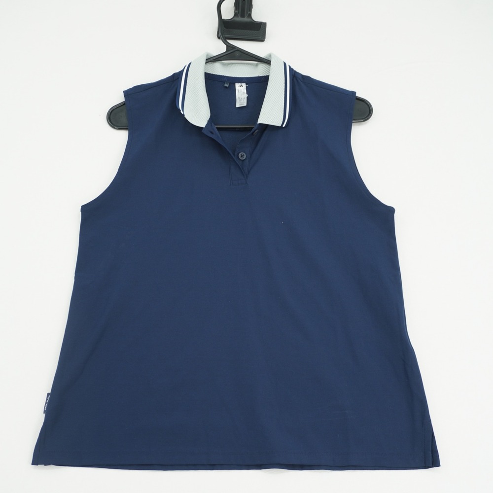 Adidas Womens Sleeveless‎ Polo Shirt Navy Blue Grey Striped Collar Golf Tennis S